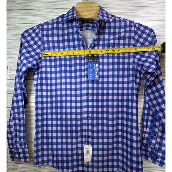 NWT NAUTICA Men's Performance Golf Blue Pink Check Sz Med Button Up Shirt - Picture 7 of 7